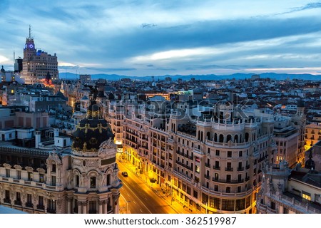 Panoramical aerial view of Madrid in a beautiful summer night, Spain