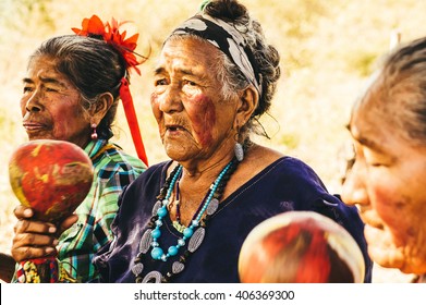 Pantanal, Paraguay in August 2015: Old Paraguayan indigenous Guarani women perform a song to demonstrate the government having taken their land - Pantanal, PARAGUAY in August 2015