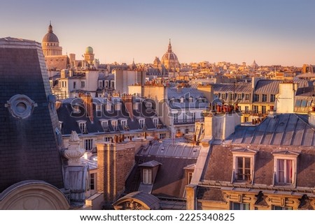 Pantheon and quarter latin parisian roofs at golden sunrise Paris, France