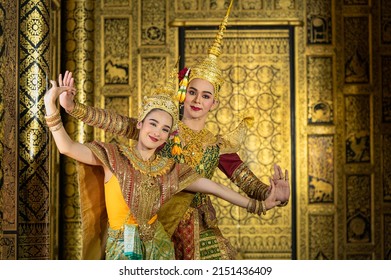 Pantomime (Khon) is traditional Thai classic masked play enacting scenes from the Ramakien (Ramayana) with a backdrop of Thai paintings in a public place at Wat Phra Khao, Ayutthaya province, Thailand