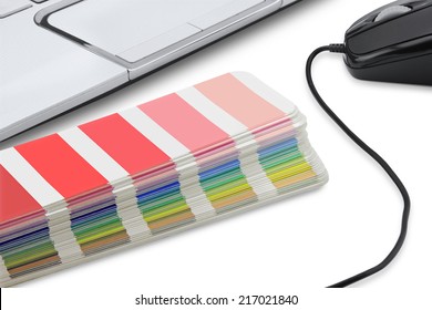 Pantone Palette, Mouse And Notebook On White Background 