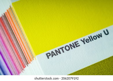 Pantone Yellow U. Cardboard Card With Yellow Color. A Sample Of Color. Pantone System