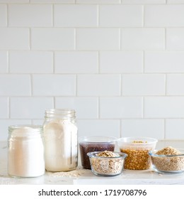 Pantry Staples. Flour, Sugar, Grains And Oats On A White Background