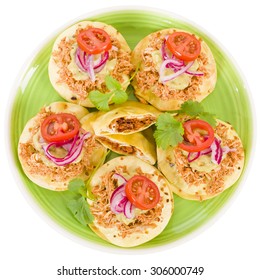 Panuchos - Mexican Corn Tortillas Filled With Refried Beans And Topped With Shredded Chicken, Guacamole, Pickled Red Onions And Tomato. Isolated On White.