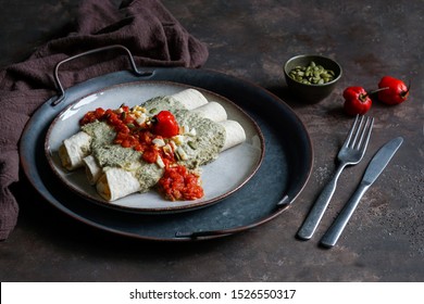 Papadzules Traditional Dish From The Yucatán Peninsula -  Corn Tortillas Dipped In A Sauce Of Pumpkin Seeds Filled With Boiled Eggs, Hot Sauce