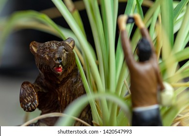 Paparazzi Wildlife Photographer Photographing A Bear From Behind A Plant. Miniature Bear And Photographer Models Posed To Create A Fun Scene.  