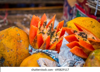 Papaya Fruit India Cut Open At Agra Market, India.