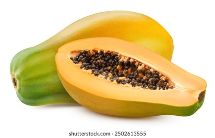 Papaya and half. Fresh papaya isolated on white background. Clipping path papaya. Papaya macro studio photo