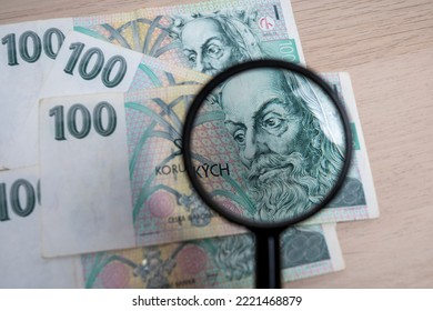 Paper 100 korun banknote of the Czech Republic. King Karel IV or Charles IV portrait on Czech money. European currency.