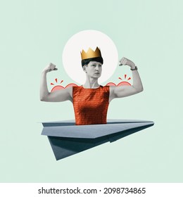 A paper airplane with a strong woman with a crown on her head. Art collage.  - Shutterstock ID 2098734865