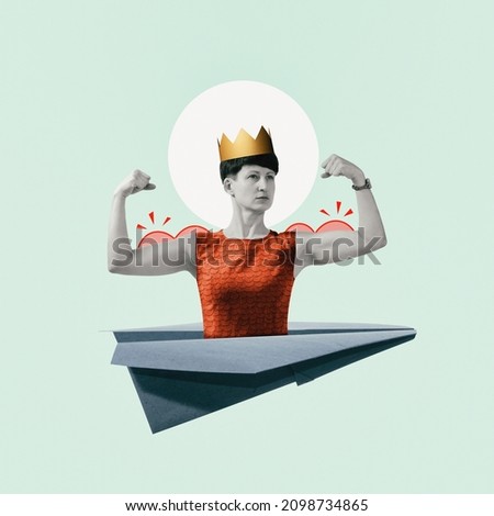 A paper airplane with a strong woman with a crown on her head. Art collage. 