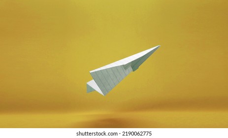 Paper Airplane Taking Off, 3:4 View, Folding Paper, Origami With Plain Gold Background                         