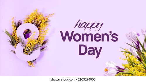 Paper art to 8 March, Happy women's day celebrating card. Number eight cut in the paper against fresh mimosa Flowers on a violet color background. - Shutterstock ID 2103294905