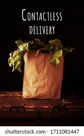 Paper Bag With Beet Greens, With Contactless Delivery Wording. Concept Of Healthy Grocery Shopping In Safe Way. Vertical, Toned