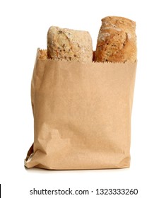 Paper Bag With Bread On White Background. Space For Design