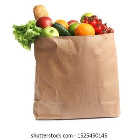 Paper Bag With Different Groceries On White Background