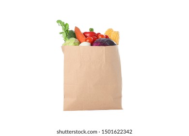 Paper Bag With Different Vegetables Isolated On White Background