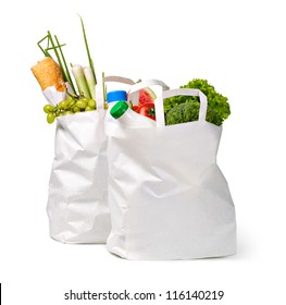Paper bag with food on a white background