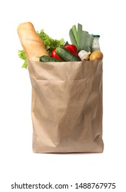 Paper Bag With Fresh Vegetables And Bread On White Background