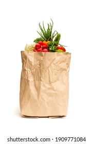 Paper bag with fresh vegetables on white background, delivery or grocery shopping