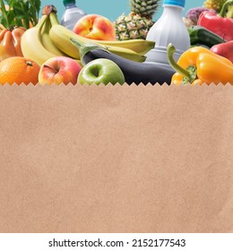 Paper Bag Full Of Fresh Groceries Close Up, Grocery Shopping Concept