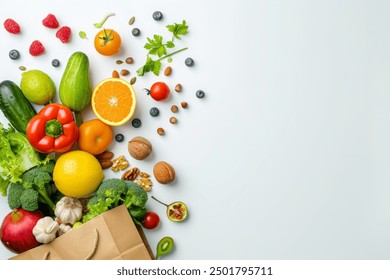 A paper bag full of fruits, vegetables and nuts on a white background with space for a text banner. The top view, flat lay shows healthy eating or shopping in a grocery store - Powered by Shutterstock