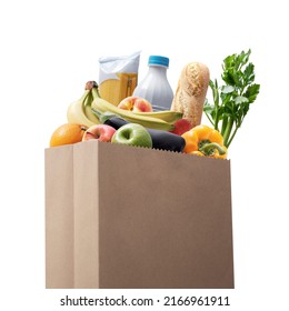 Paper Bag Full Of Groceries, Grocery Shopping Concept Isolated On White Background