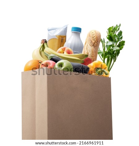 Paper bag full of groceries, grocery shopping concept Isolated on white background