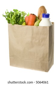 Paper Bag Full Of Groceries Isolated On White Background