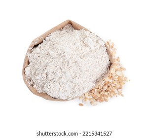 Paper Bag With Oatmeal Flour And Flakes Isolated On White, Top View