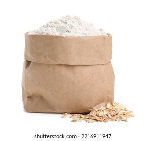 Paper Bag With Oatmeal Flour And Flakes Isolated On White