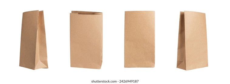 Paper bag, small kraft package, sacks set. Craft brown pouch, pack mockup, front and side views, isolated on white background