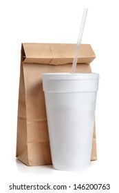 Paper Bag And Styrofoam Cup White Background