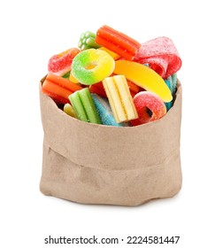 Paper bag of tasty colorful jelly candies on white background