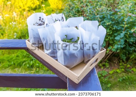 Paper bags with dried medical herbs. 