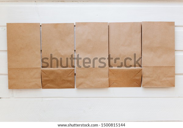 Paper Bags On Light Wooden Floor Objects Industrial Stock Image