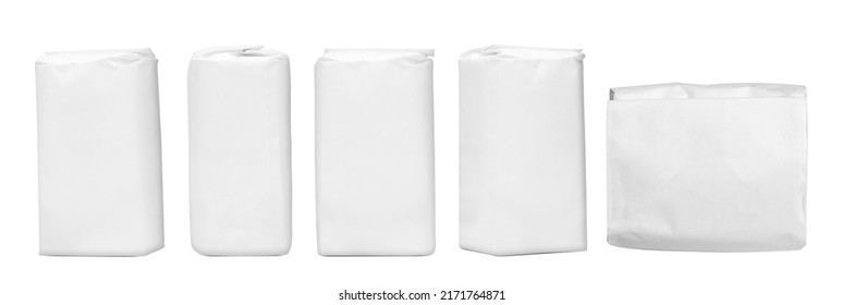 Paper bags. White paper bags for coffee, sugar, soda, flour, salt or cereals. Isolated on a white background. - Shutterstock ID 2171764871