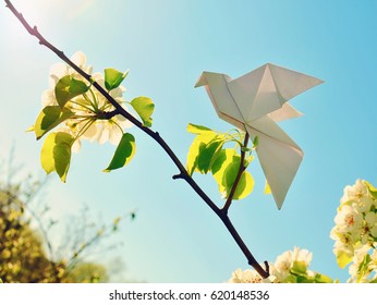 Paper Birds On A Blooming Tree.