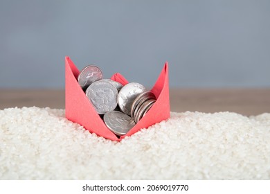 A Paper Boat Full Of Coins On Rice