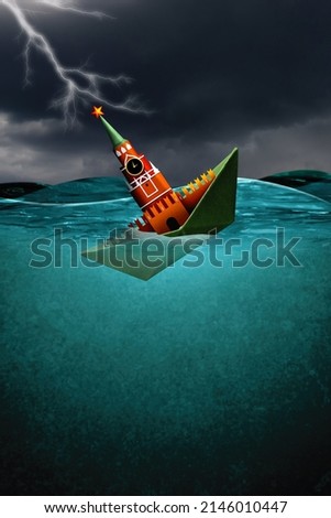 A paper boat with a Kremlin tower is sinking in the depths of the sea. Art collage.