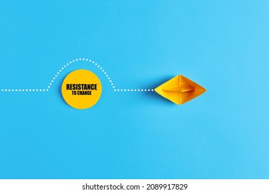 Paper Boat Overcomes The Barrier Of Resistance To Change. Business Organizational Change Concept.