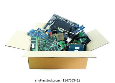 Paper Box With Computer Hardware Part Electronic Waste Isolated On White Background