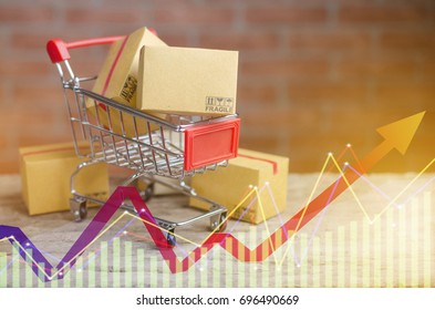 Paper boxes in a trolley on wood table,on brick wall background.concept online shopping.