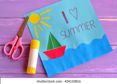 Paper Card With Ship, Sun, Sea. I Love Summer. Kids Summer Camp Idea For Paper Cut Crafts And Activity. Inspiration For Children Of All Ages. Sailing Paper Art Children Project. Travel Holiday Concept