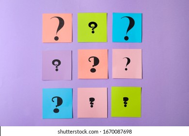 Paper Cards With Question Marks On Violet Background, Flat Lay