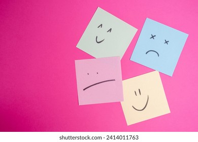 Paper cards with various emoticons on a colored background, banner and place for text. Conceptual image of positive thinking and satisfaction level - Powered by Shutterstock