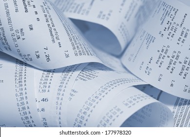 Paper Cash Register Receipts In A Lose Pile Close Up 