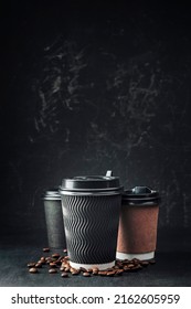 Paper Coffee Cup With Cap Mockup On Dark Background. Take Away Coffee Cup Mockup,  To Go Coffee Cup  For Web Design.  Street Morning Coffee.