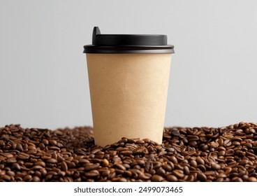 paper coffee cup mockup on top wooden table, in the middle of coffee seeds, side view