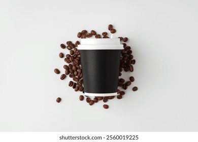 A paper coffee cup surrounded by freshly roasted coffee beans on a clean white background - Powered by Shutterstock